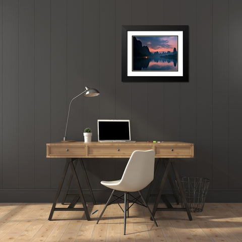 The Dawn Of Li River Black Modern Wood Framed Art Print with Double Matting by Zhang, Yan
