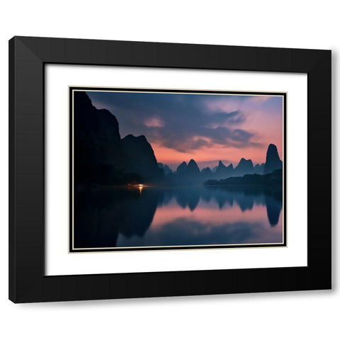 The Dawn Of Li River Black Modern Wood Framed Art Print with Double Matting by Zhang, Yan