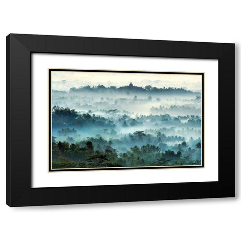 Misty Borobudur Black Modern Wood Framed Art Print with Double Matting by Ramdani
