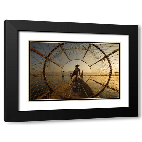 Inle Fisherman Black Modern Wood Framed Art Print with Double Matting by Song, Gunarto
