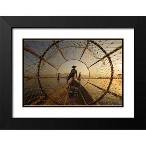 Inle Fisherman Black Modern Wood Framed Art Print with Double Matting by Song, Gunarto