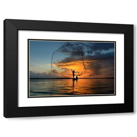 Nets In Sunset Black Modern Wood Framed Art Print with Double Matting by Whanset, Saravut