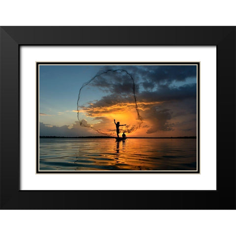 Nets In Sunset Black Modern Wood Framed Art Print with Double Matting by Whanset, Saravut