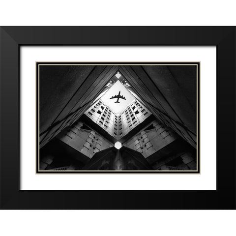 Plane City Black Modern Wood Framed Art Print with Double Matting by Christophe, Correy