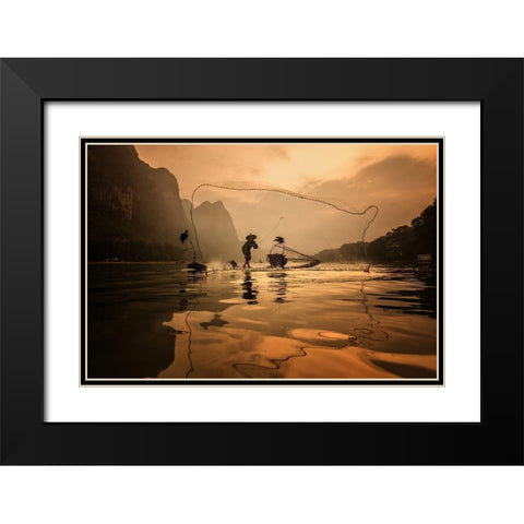 Spread The Fish Nets Black Modern Wood Framed Art Print with Double Matting by Song, Gunarto