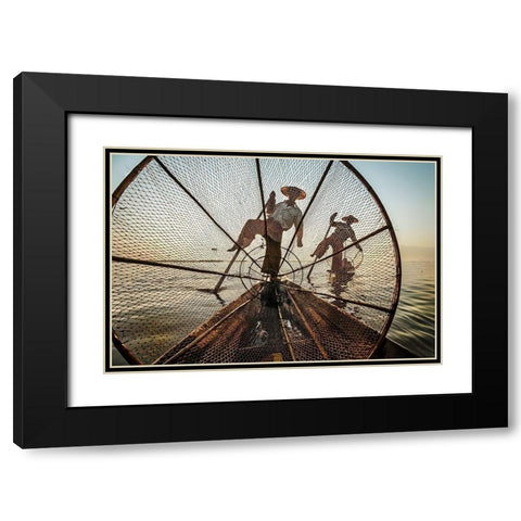 Intha Fishermen Black Modern Wood Framed Art Print with Double Matting by Martinelli, Michele