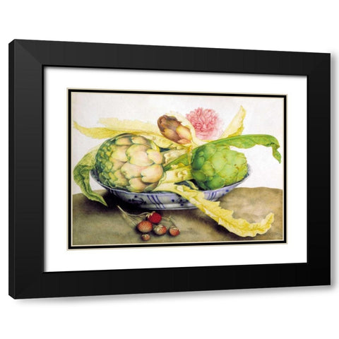Artichoke, Rose andStrawberries Black Modern Wood Framed Art Print with Double Matting by Garzoni, Giovanna