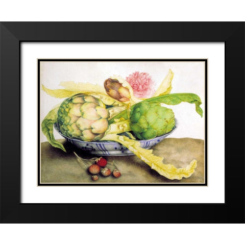 Artichoke, Rose andStrawberries Black Modern Wood Framed Art Print with Double Matting by Garzoni, Giovanna