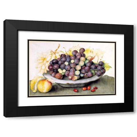 Dish of Grapes and a Peach Black Modern Wood Framed Art Print with Double Matting by Garzoni, Giovanna