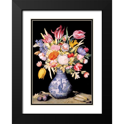 Chinese Vase, Varied Flowers, Prunes Black Modern Wood Framed Art Print with Double Matting by Garzoni, Giovanna