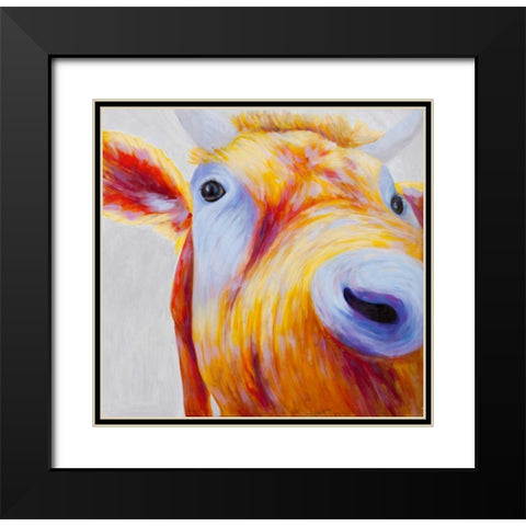 Curious Colorful Cow  Black Modern Wood Framed Art Print with Double Matting by Atelier B Art Studio