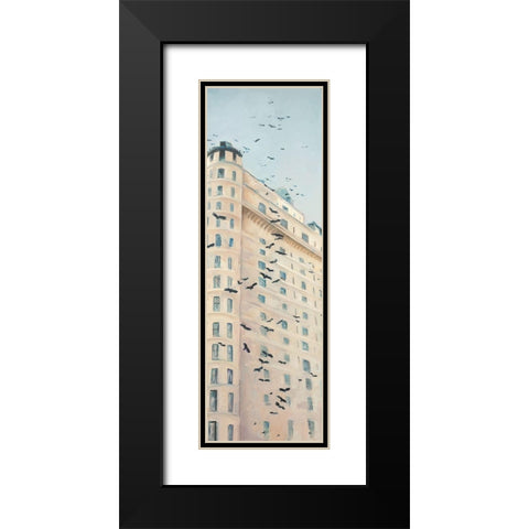 BIRDS FLYING IN FRONT OF A BUILDING Black Modern Wood Framed Art Print with Double Matting by Atelier B Art Studio