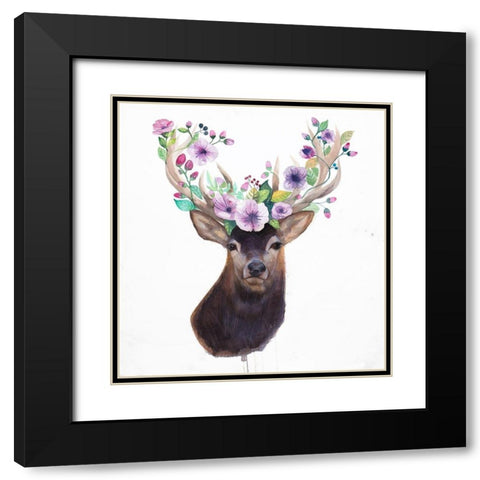 ROE DEER HEAD WITH FLOWERS Black Modern Wood Framed Art Print with Double Matting by Atelier B Art Studio