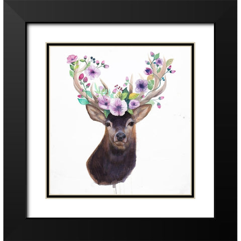 ROE DEER HEAD WITH FLOWERS Black Modern Wood Framed Art Print with Double Matting by Atelier B Art Studio