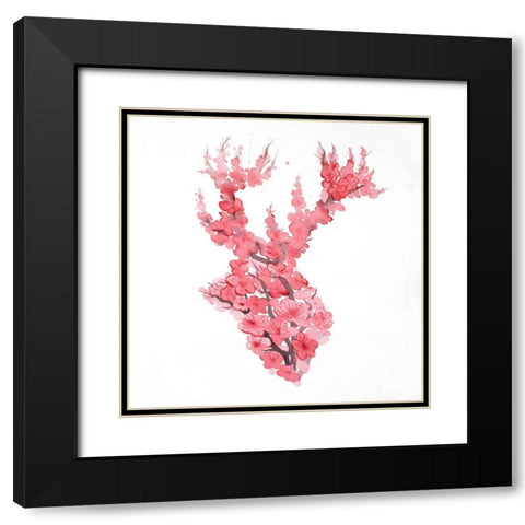 DEER WITH CHERRIES BLOSSOM Black Modern Wood Framed Art Print with Double Matting by Atelier B Art Studio