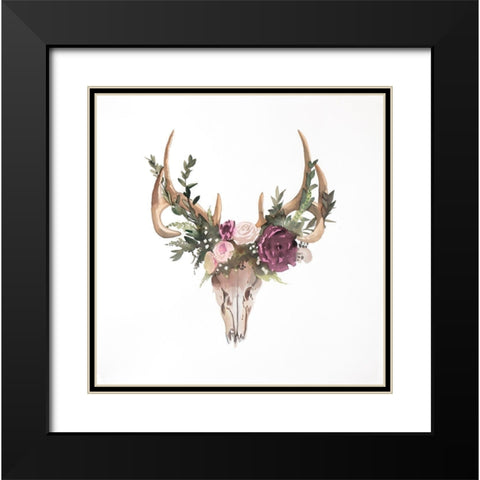 Deer Skull with Flowers Black Modern Wood Framed Art Print with Double Matting by Atelier B Art Studio