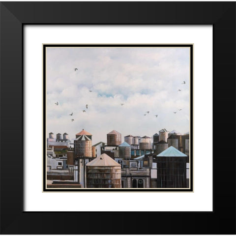 Water Towers with Birds Black Modern Wood Framed Art Print with Double Matting by Atelier B Art Studio