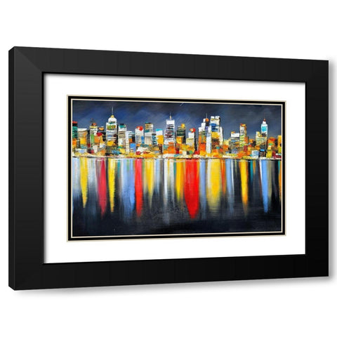 COLORFUL REFLECTION OF A CITYSCAPE BY NIGHT Black Modern Wood Framed Art Print with Double Matting by Atelier B Art Studio