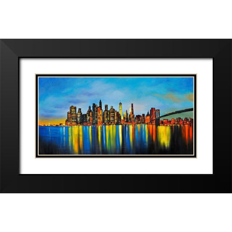 CITY BY NIGHT WITH A BRIDGE Black Modern Wood Framed Art Print with Double Matting by Atelier B Art Studio