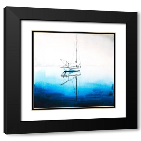 WHITE BOAT ON A DEEP BLUE WATER Black Modern Wood Framed Art Print with Double Matting by Atelier B Art Studio