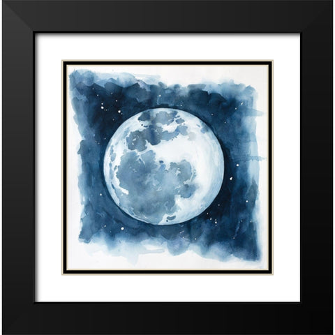 Watercolor Blue Moon Black Modern Wood Framed Art Print with Double Matting by Atelier B Art Studio
