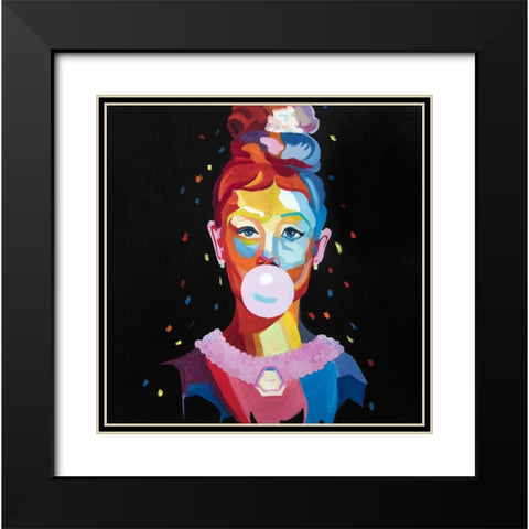 COLORFUL WOMAN PORTRAIT WITH BUBBLEGUM Black Modern Wood Framed Art Print with Double Matting by Atelier B Art Studio