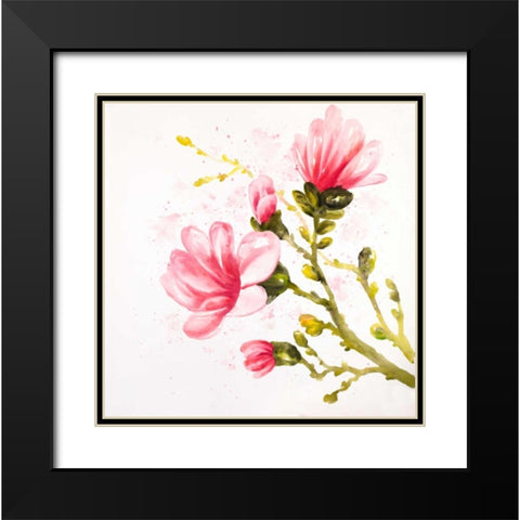 Watercolor Magnolia Flowers Black Modern Wood Framed Art Print with Double Matting by Atelier B Art Studio