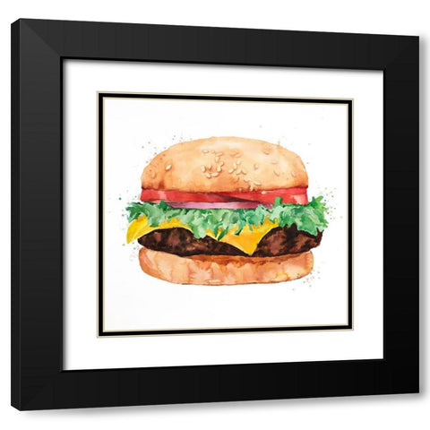Watercolor All Dressed Cheeseburger Black Modern Wood Framed Art Print with Double Matting by Atelier B Art Studio