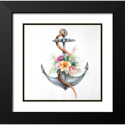BOAT ANCHOR WITH FLOWERS Black Modern Wood Framed Art Print with Double Matting by Atelier B Art Studio