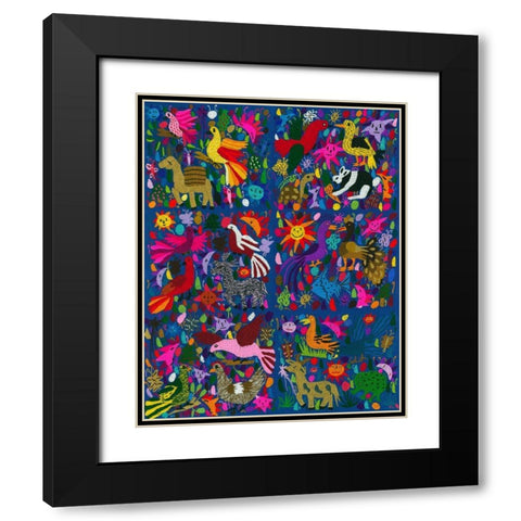 Amazing multicoloured mexican tapestry on blue background Black Modern Wood Framed Art Print with Double Matting by anonymous