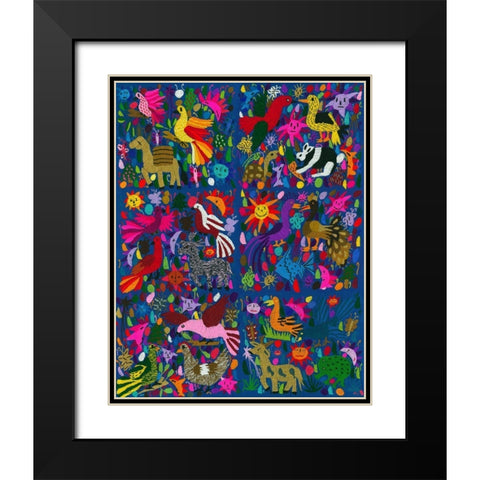 Amazing multicoloured mexican tapestry on blue background Black Modern Wood Framed Art Print with Double Matting by anonymous