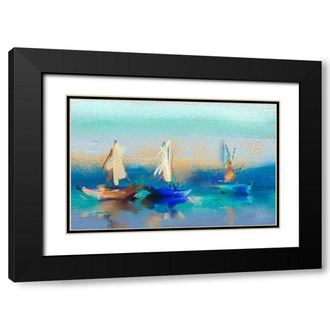 Abstract Seascape and Boats Black Modern Wood Framed Art Print with Double Matting by Pornmingmas, N.