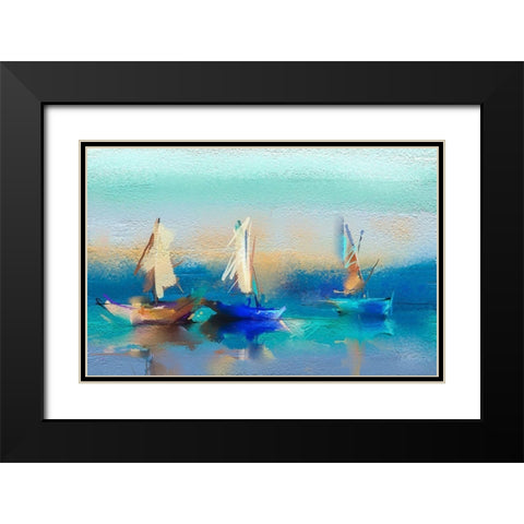 Abstract Seascape and Boats Black Modern Wood Framed Art Print with Double Matting by Pornmingmas, N.