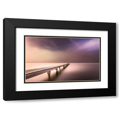 Long Pier in Early Morning Black Modern Wood Framed Art Print with Double Matting by Anon.