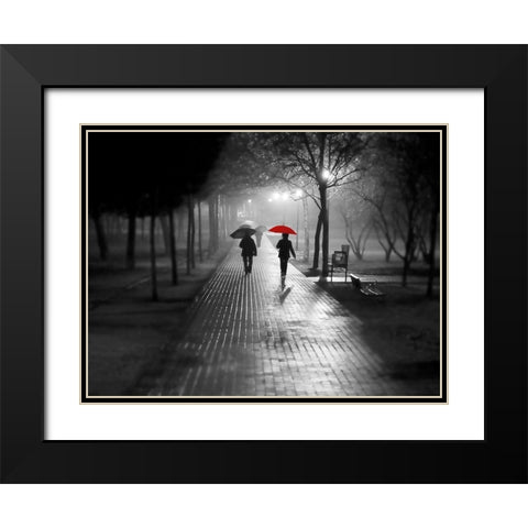 Umbrella Walk Black Modern Wood Framed Art Print with Double Matting by Anonymous