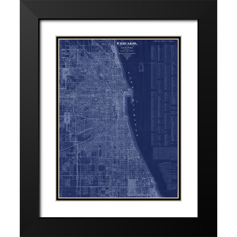 Antique Map of Chicago (blue) Black Modern Wood Framed Art Print with Double Matting by Blanchard