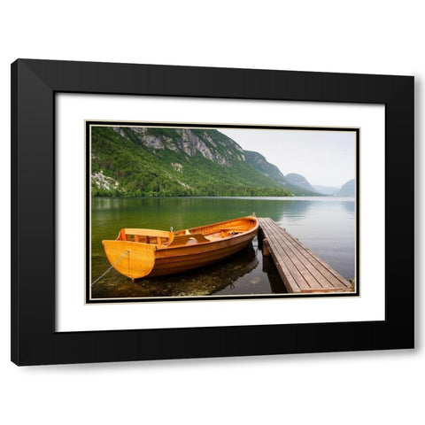 Boat at Lake Pier, Color Black Modern Wood Framed Art Print with Double Matting by Anonymous