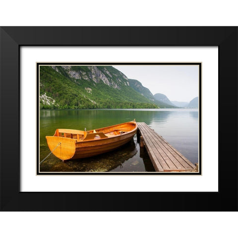 Boat at Lake Pier, Color Black Modern Wood Framed Art Print with Double Matting by Anonymous