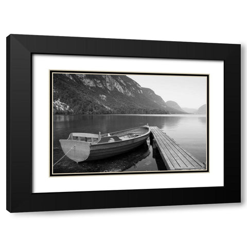 Boat at Lake Pier Black Modern Wood Framed Art Print with Double Matting by Anonymous