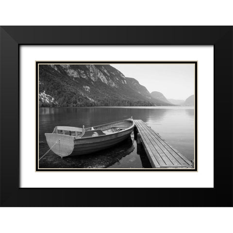 Boat at Lake Pier Black Modern Wood Framed Art Print with Double Matting by Anonymous