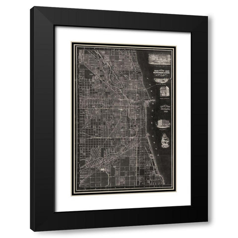 Antique Map of Chicago Black Modern Wood Framed Art Print with Double Matting by Blanchard