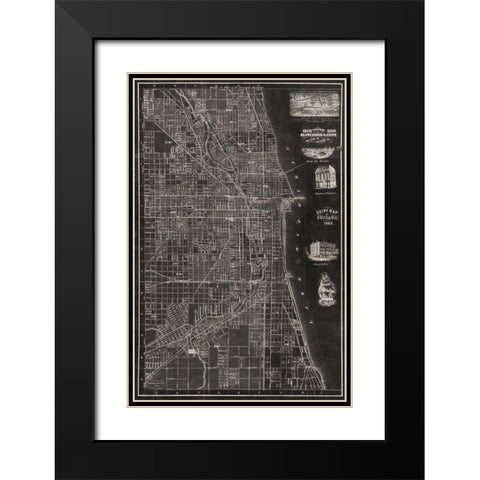 Antique Map of Chicago Black Modern Wood Framed Art Print with Double Matting by Blanchard