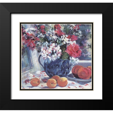 Blue Vase and Fruit Black Modern Wood Framed Art Print with Double Matting by Unknown
