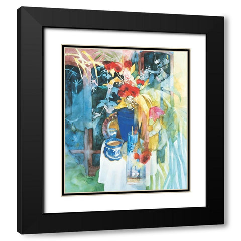 Blue Vase and Flowers Black Modern Wood Framed Art Print with Double Matting by Unknown