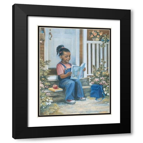 Girl Reading a Book Black Modern Wood Framed Art Print with Double Matting by Unknown