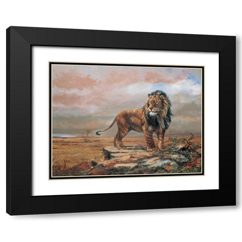 Savanne Lion Black Modern Wood Framed Art Print with Double Matting by Unknown