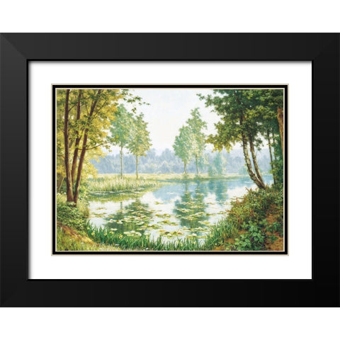 Misty Lake Black Modern Wood Framed Art Print with Double Matting by Unknown
