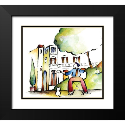Guitar and Cat Black Modern Wood Framed Art Print with Double Matting by Unknown