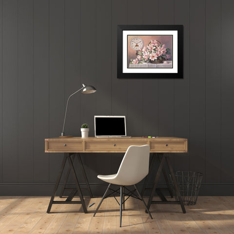 Magnolias and Clock Black Modern Wood Framed Art Print with Double Matting by Unknown