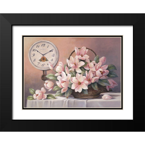 Magnolias and Clock Black Modern Wood Framed Art Print with Double Matting by Unknown